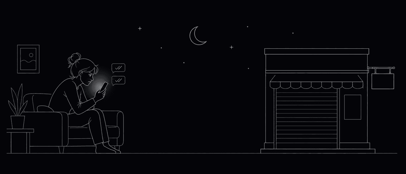 Late at night a customer stares at her phone, her message unanswered. Across the road the shop is shuttered and dark.